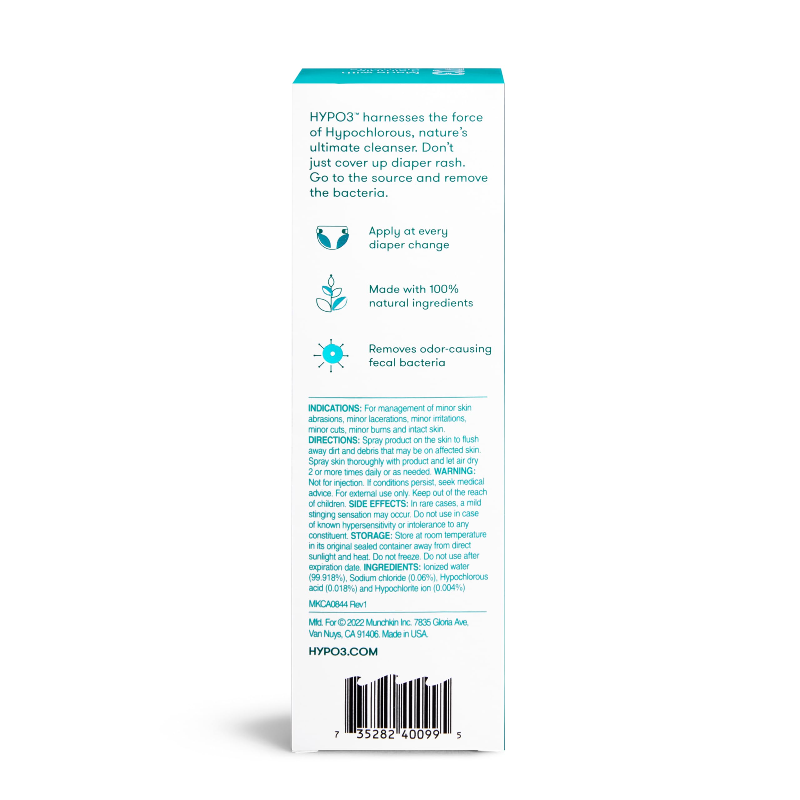 Munchkin® HYP03 Diaper Rash Hypochlorous Acid Spray for Face and Body, FSA Eligible, Removes Rash-Causing Germs, Helps Promote Healing, Gentle for Sensitive & Eczema-Prone Skin, 3.4oz