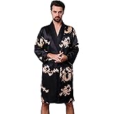 Haseil Men's Satin Robe Dragon Luxurious Silk Spa Long Sleeve House Kimono Bathrobe