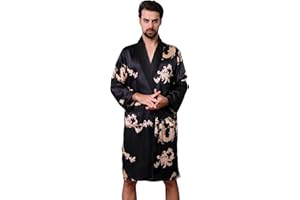 Haseil Men's Satin Robe Dragon Luxurious Silk Spa Long Sleeve House Kimono Bathrobe