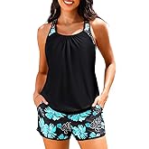Women Tankini Swimsuits with Shorts - Two Piece Tummy Control Blouson Tankini with Two Pockets Bottom Bathing Suit