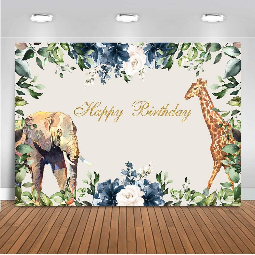 Mehofoto Jungle Birthday Backdrop 7x5ft Vinyl Giraffe and Elephant Happy Birthday Party Decoration Banner Photo Backdrops Wild Jungle Safari Floral Birthday Photography Background
