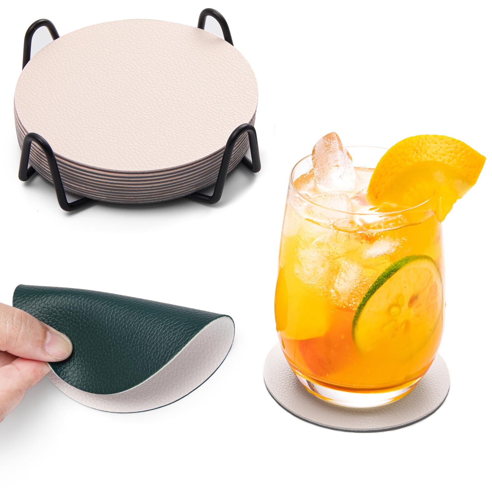 Chitomars Coasters,Leather Coasters Set of 12 for Drinks Outdoor Coasters with Holder Mug Coaster Non Slip Anti-Heat Cup Mats for Coffee Beer Mug Wine Glass Bottle Home and Bar (Round, Green White)