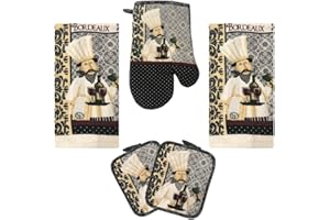 Lobyn Value Packs Kitchen Towel 5 Piece Linen Set 2 Towels 2 Pot Holders 1 Oven Mitt (Chef)