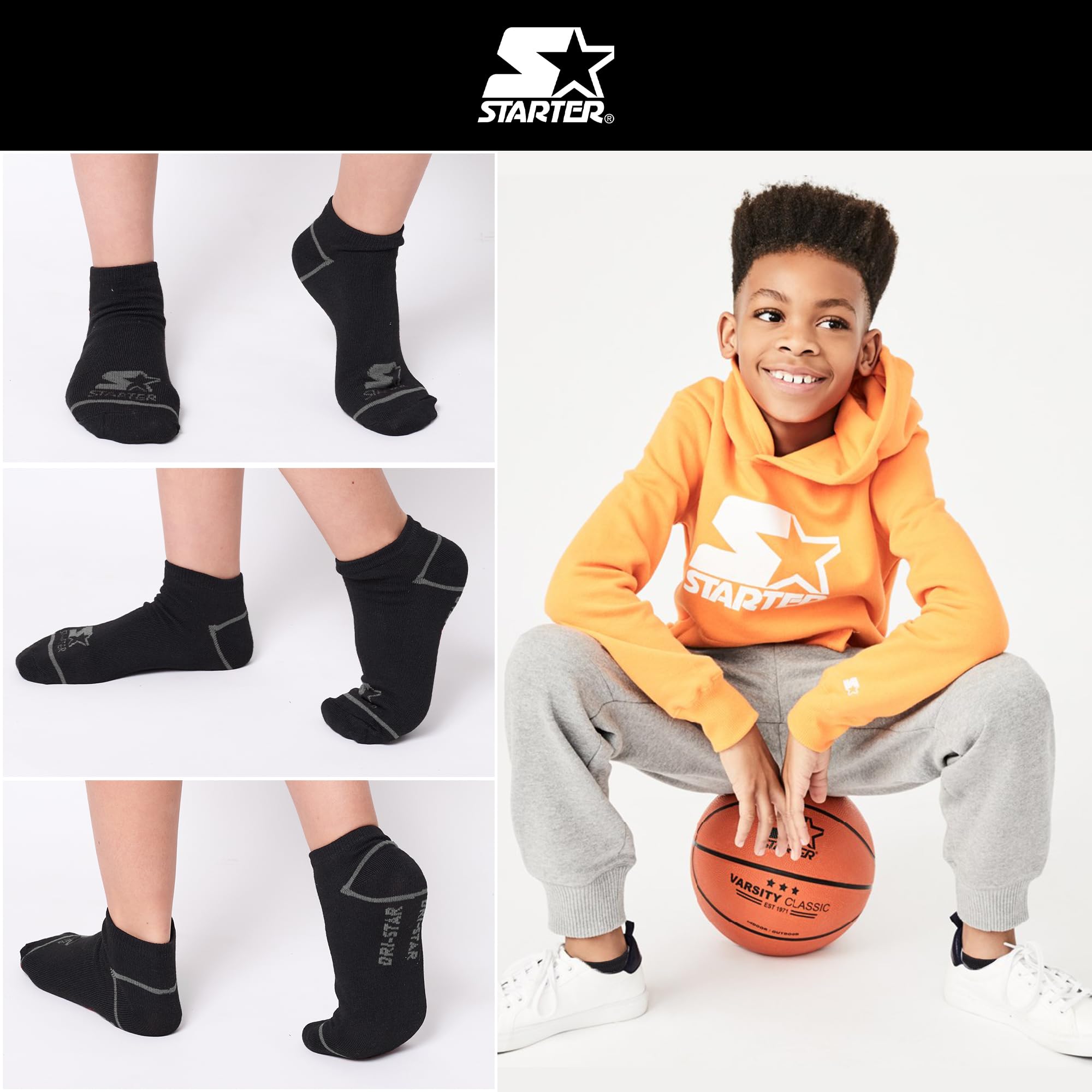 STARTER Youth Boys No Show Socks 10-Pack, Moisture-Wicking Kids Socks Shoe Size 10-4 (White/Grey/Black Multi, Medium)