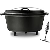 Blingco Pre-Seasoned 8QT Large Cast Iron Camping Dutch Oven Pot with Lid | Heavy- Duty Camping Cookware incl. Lid Lifter - Dual Handles - for Outdoor Campfire, Grill, Oven &amp; Stovetop Cooking Black