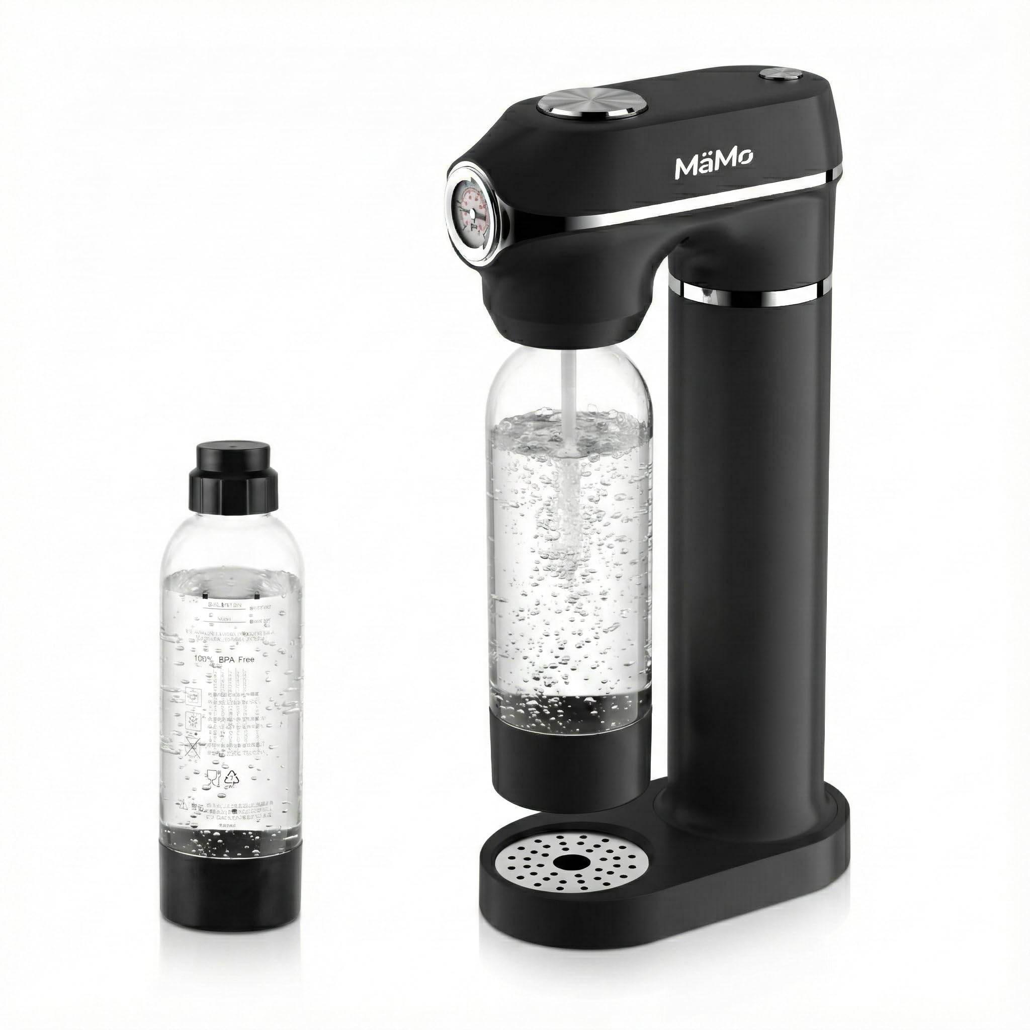 MäMo Wassersprudler Soda Maker mit Manometer - Carbonator für Sprudelwasser inkl. 1L und 0.5L BPA-freien PET-Flaschen - Automatische Druckregulierung, Ein-Knopf-Bedienung, ohne Strom, Schwarz