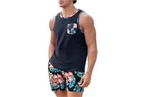 GORGLITTER Men's 2 Pieces Set Floral Print Elastic Waist Shorts Sleeveless Tank Top Outfit Tracksuit