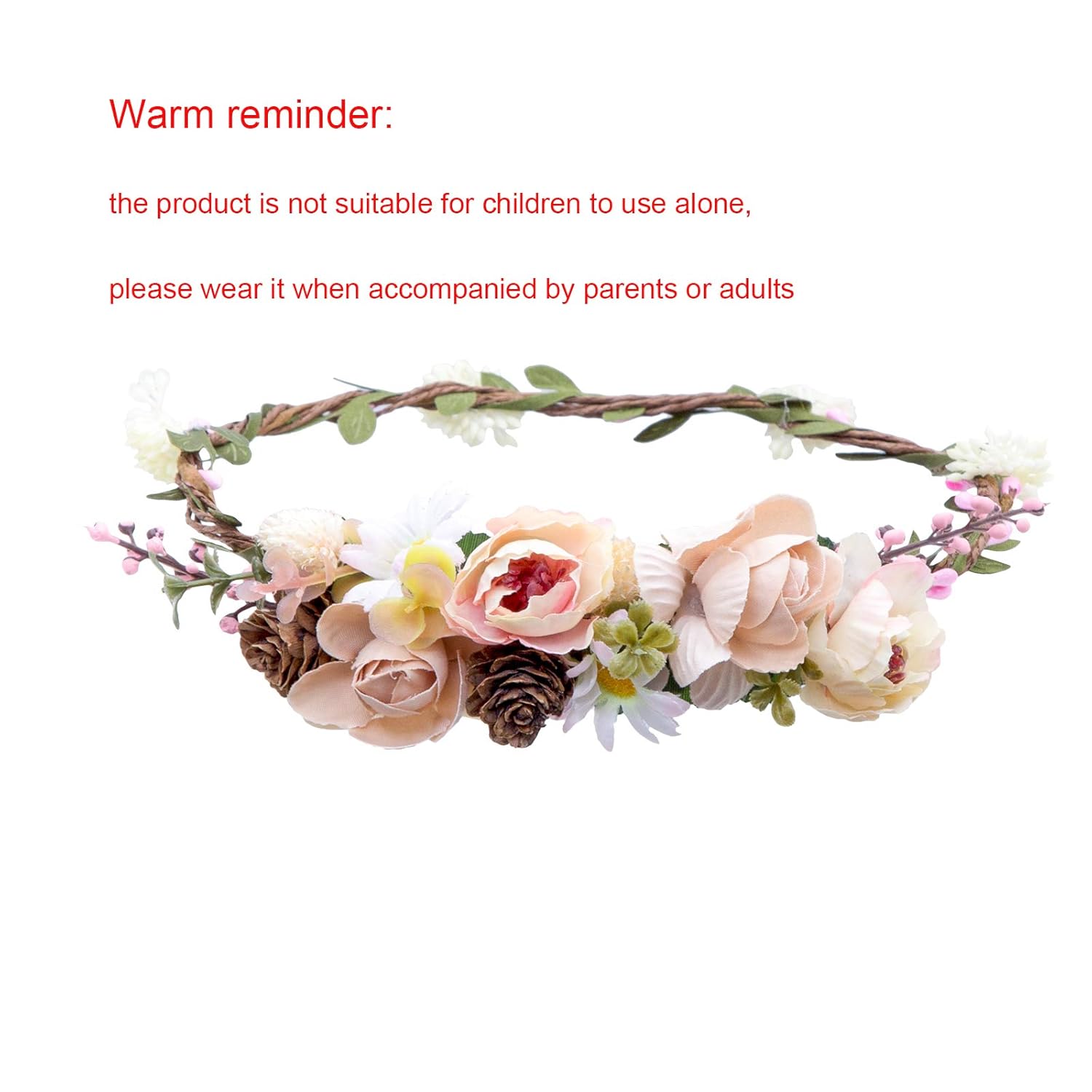 AWAYTR Bohemia Flower Crown Headband - Exquisite Pinecone Leaf Berry Flower Headband Flower Halo Wreath women (Light khaki+Light pink): Beauty