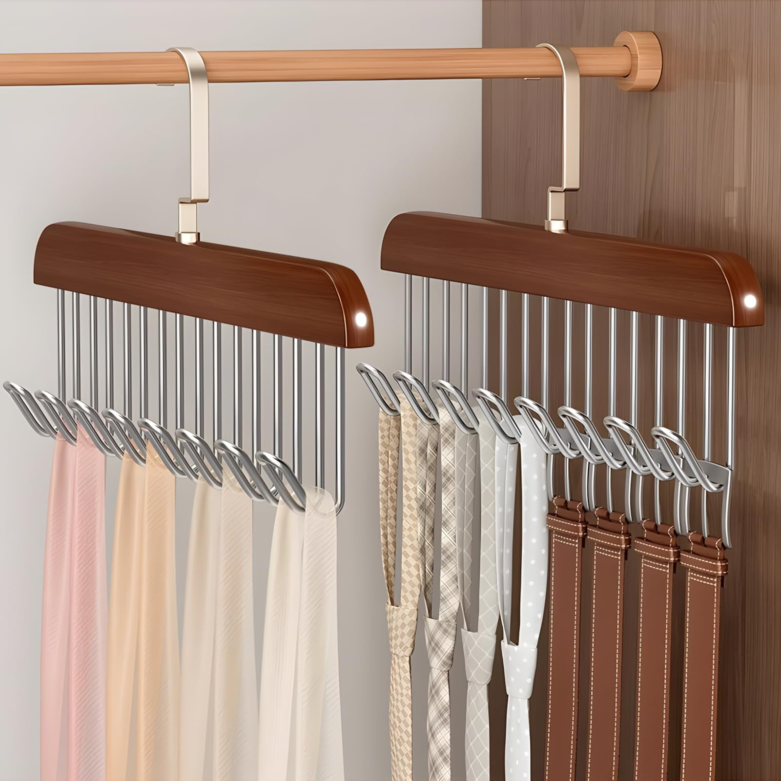 Photo 1 of 2 Pack Belt Hanger,Wooden Belt Organizer for Closet, 360° Rotating Tie & Belt Rack for Storage with 16 Hooks, Sturdy Belt Holder Space Saver for Belt, Tie, Bra, Scarf, Tank Top Accessories