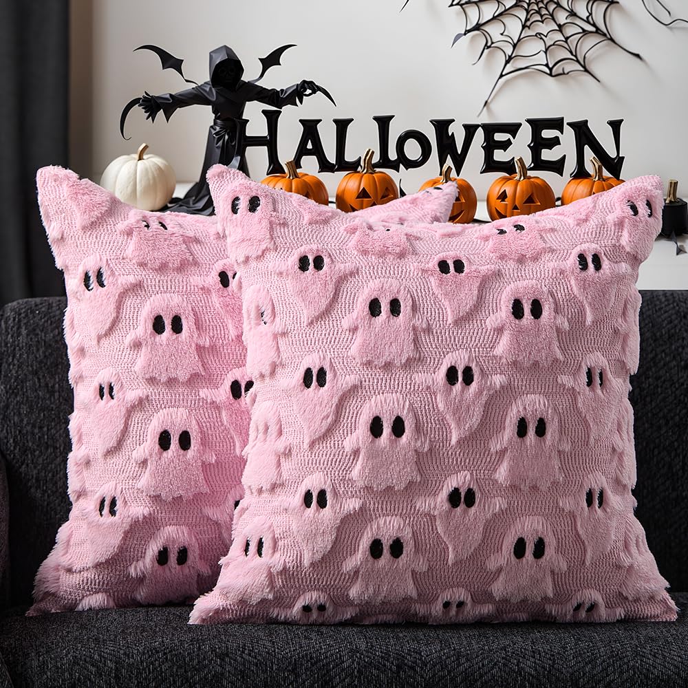 Photo 1 of DFXSZ Halloween Pillow Covers 18x18 inch Set of 2 Pink Ghost Throw Pillow Cases Soft Plush Faux Fur Wool Couch Cushion Case for Chair Sofa Bedroom Living Room Home Decor PTK03B18