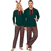 SWOMOG Couples Christmas Matching Pajamas Set Women & Men Long Sleeve Sleepwear Hooded Top Plaid Pants Pjs with Pockets