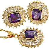 RIZILIA Rectangular Radiant Cut Birthstone Jewelry Set for Women - Multi Color Options - 14K Yellow Gold Plated Pendant Necklace Stud Earrings, 18"+2" Chain - Gift Boxed for Her, Mother