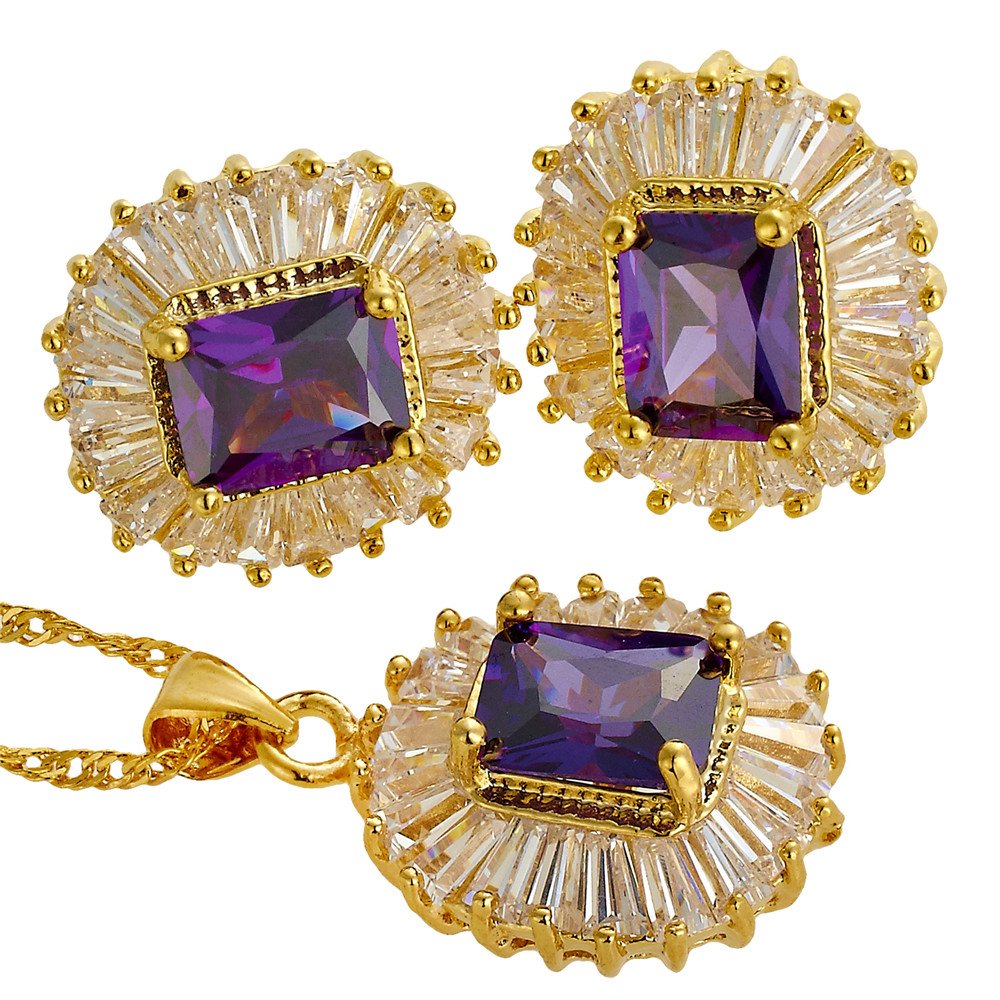 RIZILIA Jewellery Set Pendant with 18" Chain & Stud Earrings Rectangular Cut Gemstones CZ [Purple Amethyst] in 18K Yellow Gold Plated, Simple Modern Elegance