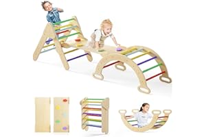 Olakids Pikler Triangle Set 7 in 1 Climbing Toys for Toddlers 1-3 Inside Foldable Wood Montessori Jungle Gym with Ramp Ladder Arch Slide Baby Climber Indoor Playground