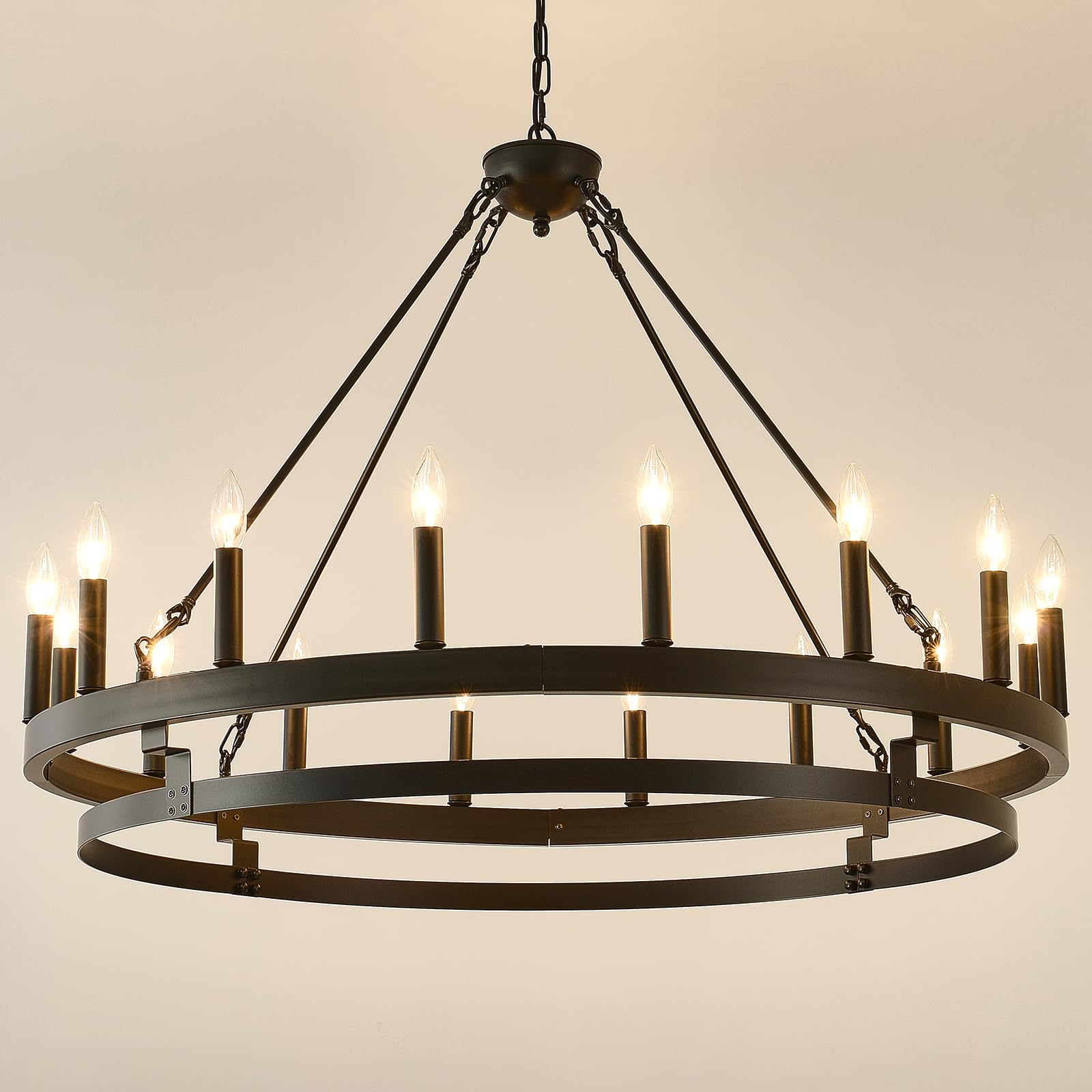 Photo 1 of JKLX 40 inch Black Wagon Wheel Chandelier,Farmhouse Industrial Country Style Round Pendant Light Fixture,Round Ceiling Light fixtures for Outdoor Porch high Ceilings Living Dining Room Foyer Entryway