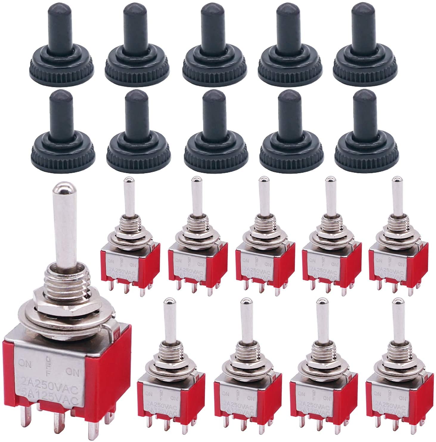 mxuteuk 10Pcs Mini Toggle Switch DPDT 3 Position 6 Pins ON/OFF/ON AC 125V 5A with Waterproof Cap MTS-203-10MZ