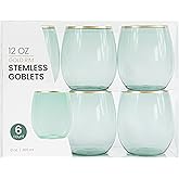 PLASTICPRO 12 Pack Green With Gold Rim Plastic Wine Glasses Stemless Disposable 12 oz BPA Free Shatterproof Plastic Wine Cups Wine Glasses for Parties
