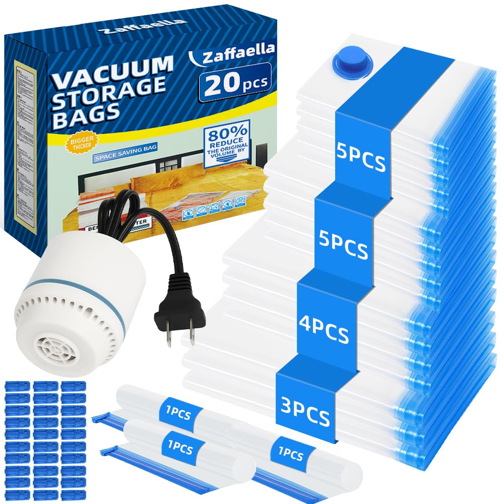 Photo 1 of 20 Pack Vacuum Storage Bags with Electric Pump (3 Jumbo, 4 Large, 5 Medium, 5 Small, 3 Roll Up Bags), Space Saver Bag for Clothes, Duvets, Pillows, Mattress, Blanket, Comforters,Travel