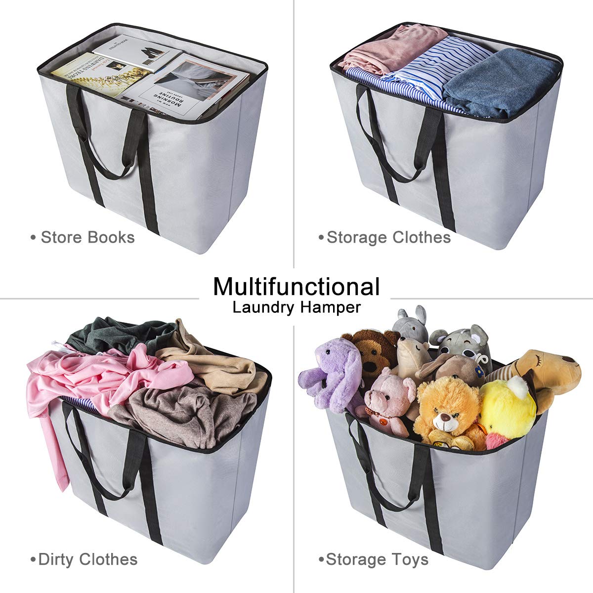 WISHPOOL Extra Large Laundry Basket Shopping Tote Bag Collapsible Laundry Hamper Handles Foldable Laundry Bags Standing Dirty Clothes Storage Organizer (Light Grey)