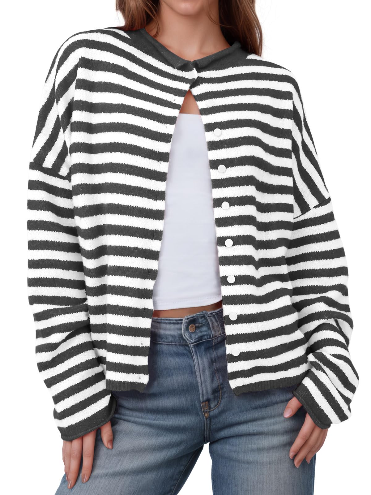 Photo 1 of Saodimallsu Womens Striped Cardigan Casual Long Sleeve Open Front Button Down Loose Knit Lightweight Fall Sweaters Black