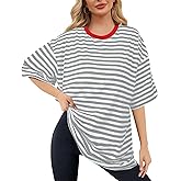 Buauty Womens Oversized Striped T Shirts, Color Block Tee Loose Fit Crew Neck Short Sleeve Tops Casual Summer Y2K 2026 Trendy