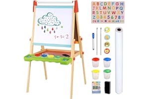 TOOKYLAND Wooden Easel for Kids - Adjustable Height Stand with Magnetic Whiteboard, Chalkboard, Paper Roll, Magnets, Drawing 