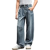 Haloumoning Boys Casual Straight Leg Baggy Jeans Kids Elastic Waist Loose Denim Pants with Pockets 5-14 Years