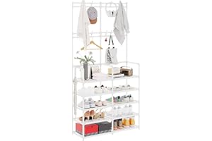 UDEAR 5-Tier Coat and Shoe Rack, Entryway Coat Rack with 9 Hooks, Double Row Shoes Organizer for Living Room, Bedroom, Office,White