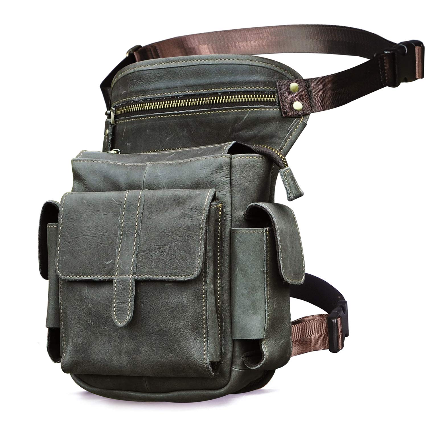Le'aokuu Mens Genuine Leather Messenger Motorcycle Hip Bum Waist Pack Drop Leg Cross Over Thigh Bag 913-5 (913-5 Grey)