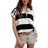 KGGT Womens T Shirts Striped Shirt Short Sleeve V Neck Button Down Cropped Tops Ladies Blouses