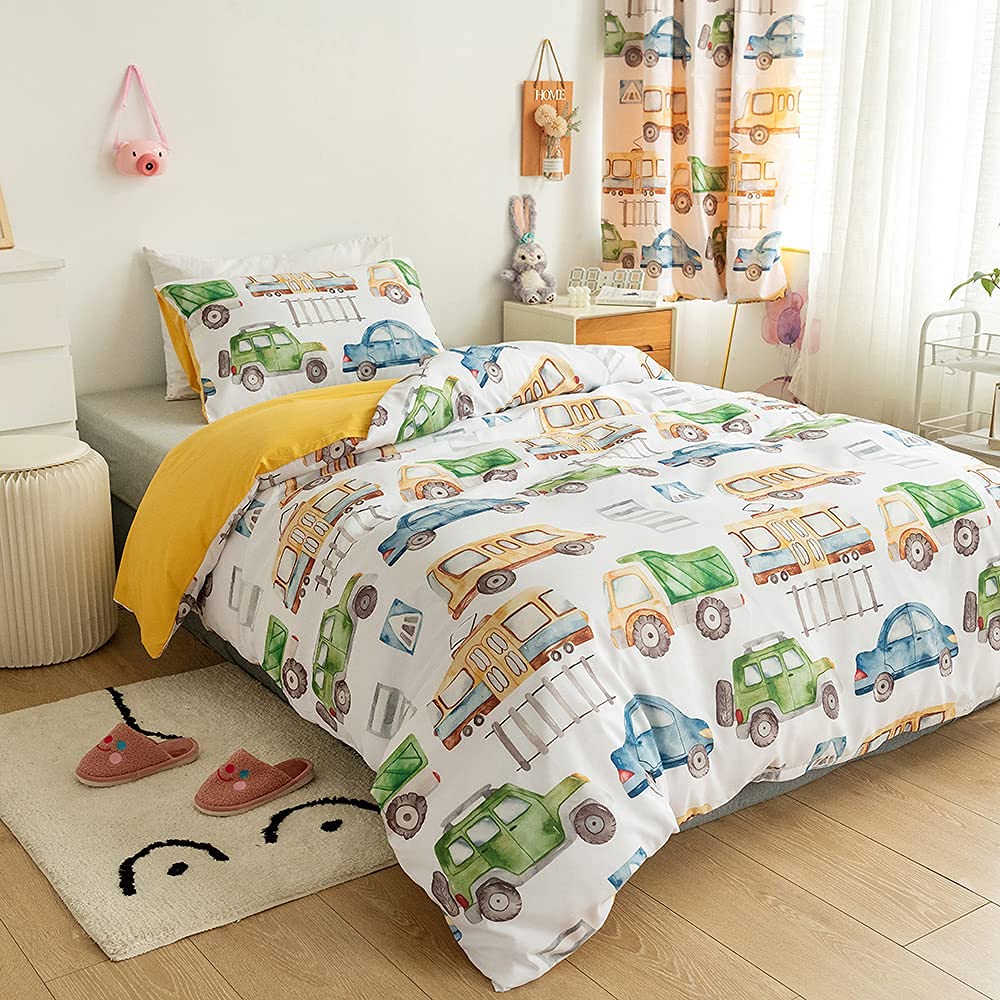 Kids Car Bedding Set Single Size Cartoon Bus Construction Truck Pattern Bedding & Linen Set for Boys Girls Soft Children Bedroom Cars Vehicle Decor Duvet Cover Set (1 Duvet Cover + 1 Pillow Case) — image 1