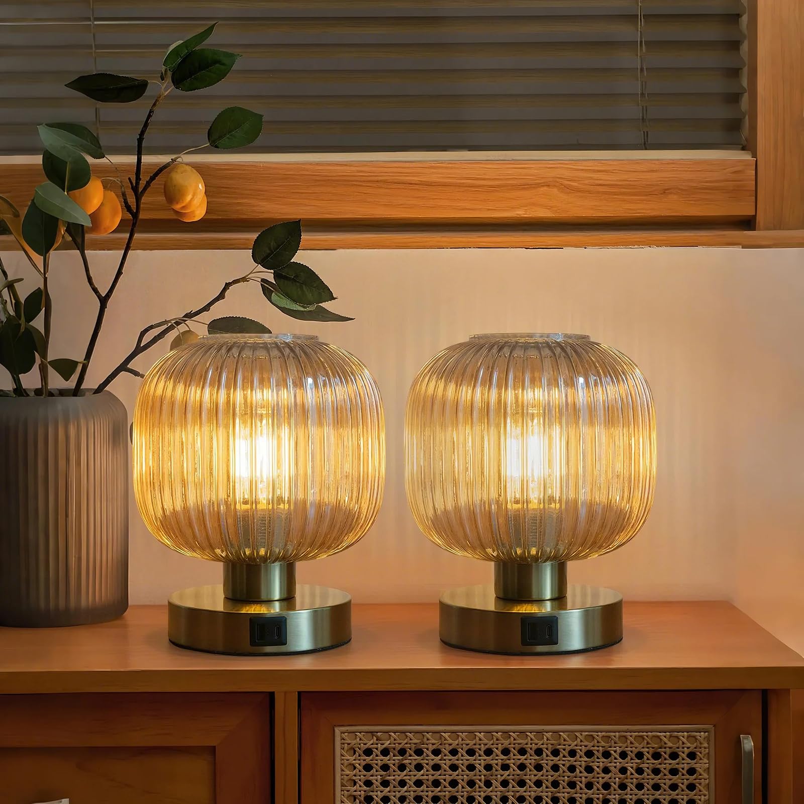 Photo 1 of Touch Control Small Table Lamp Set of 2, Elegant Gold Glass Bedside Lamp 3 Way Dimmable with USB C+A Charging Ports - Bedroom Nightstand & Living Room Essential, 4W Bulb Included