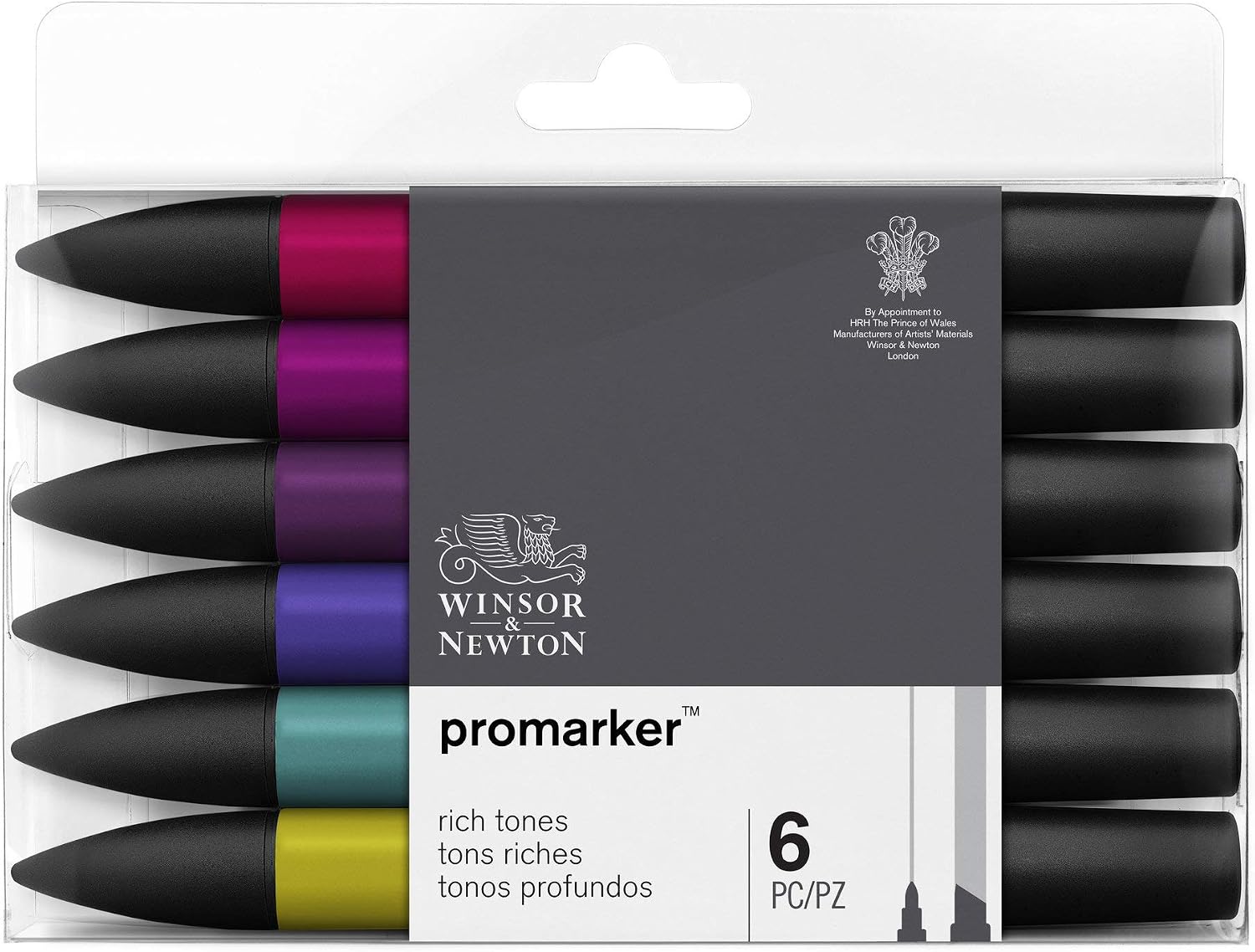 Winsor & Newton, Promarker, Rich Tones, Set of 6, Alcohol Based Dual Tip Markers, 6 count (Pack of 1)