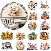 Arooow 12-inch round wooden printed, 14-piece magnetic interchangeable seasonal welcome signs, interchangeable front door decorations, farmhouse/countryside outdoor welcome signs, suitable for Thanksgiving, Christmas, and winter holidays.