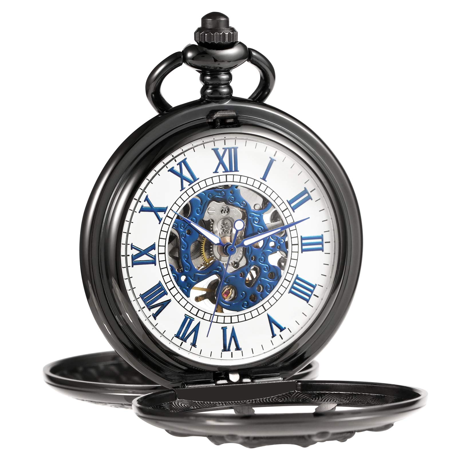 TREEWETO Unisex Pocket Watch with Chain Analogue Mechanical Hand Winding Double Hinge Rudder Skeleton for Men Black