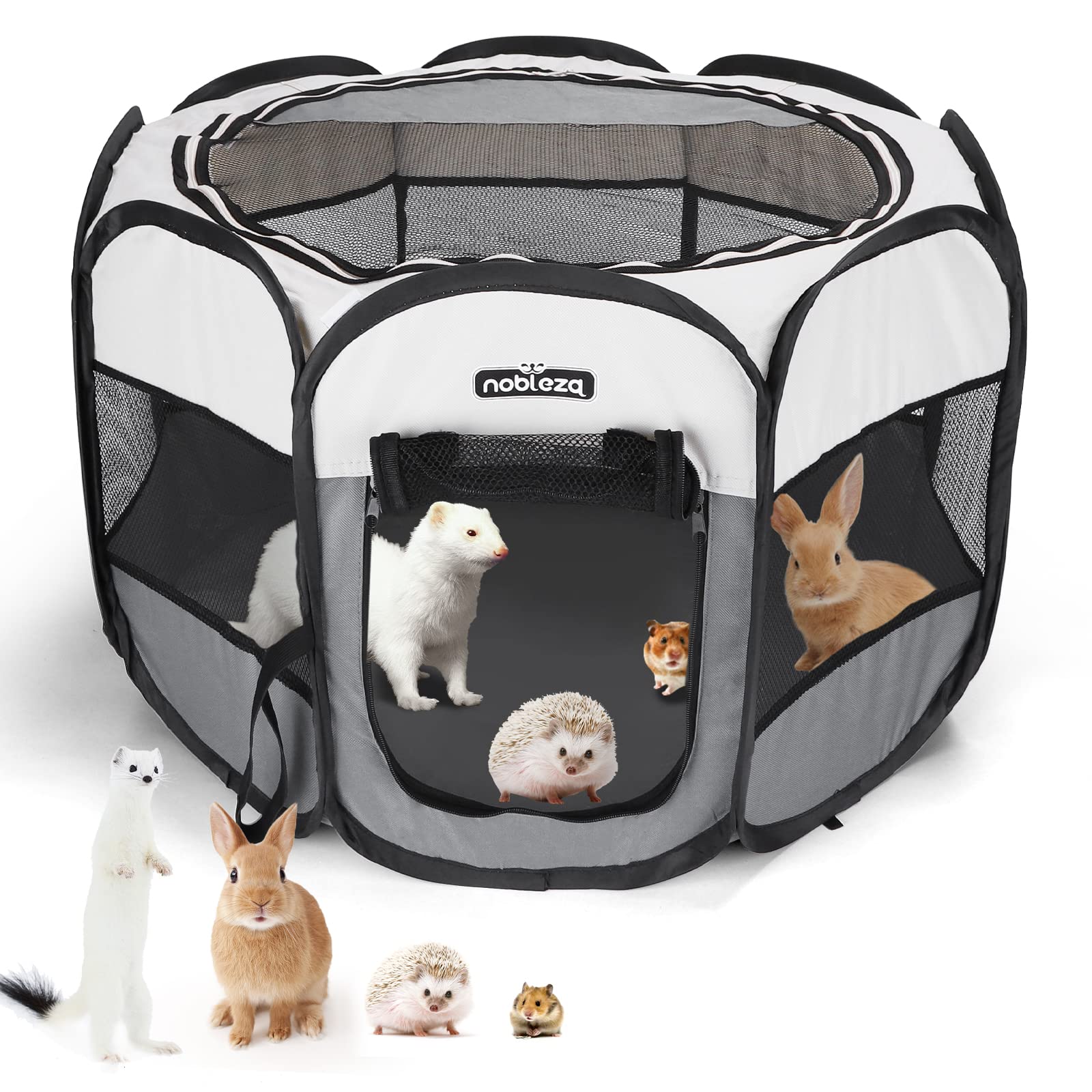 Nobleza Pet Playpen Portable Foldable Dog Cat Puppy Pen for Indoors Outdoor Pop Up Pet Fence Breathable Mesh Pet Carrier Kennel Soft Cage Tent for Rabbit Hamster Guinea Pig Beige Gray,24.4x24.4x17.7in