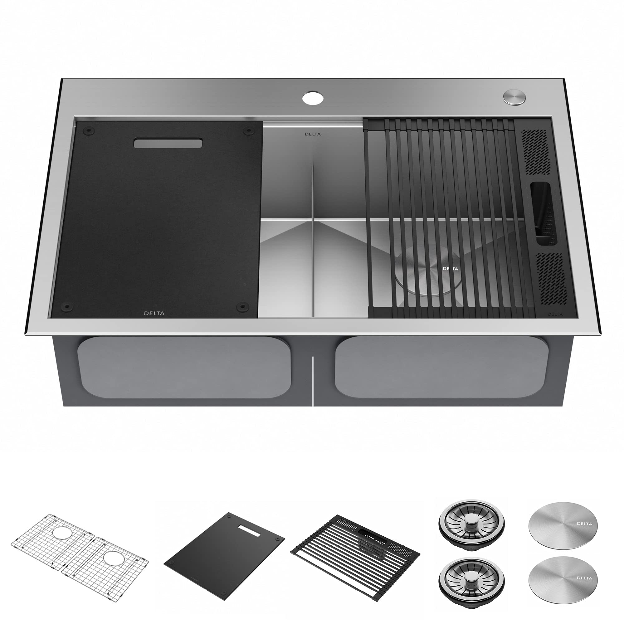 Photo 1 of DELTA FAUCET Rivet 33-Inch Workstation Kitchen Sink Drop-In Top Mount 16 Gauge Stainless Steel 50/50 Double Bowl with WorkFlow Ledge and Chef’s Kit of 8 Accessories, 95A931-33D-SS