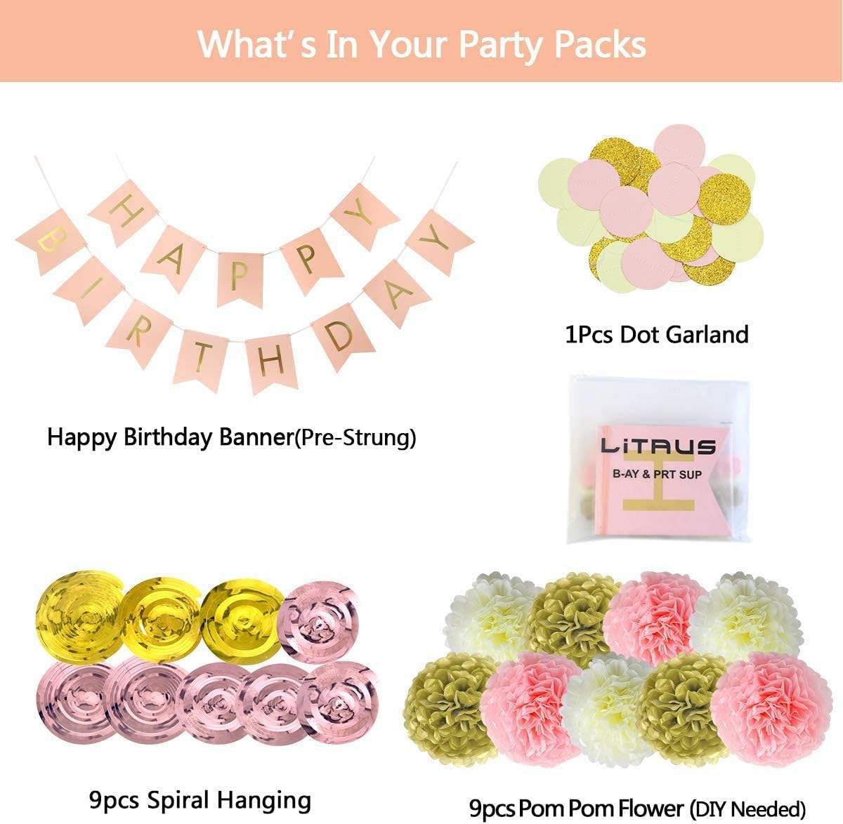 Litaus Birthday Decorations, Pink and Gold Happy Birthday Decorations for Women, Happy Birthday Banner, Hanging Swirls, Paper Garlands for 1 Birthday Decorations, Birthday Party, Girls Birthday: Toys & Games