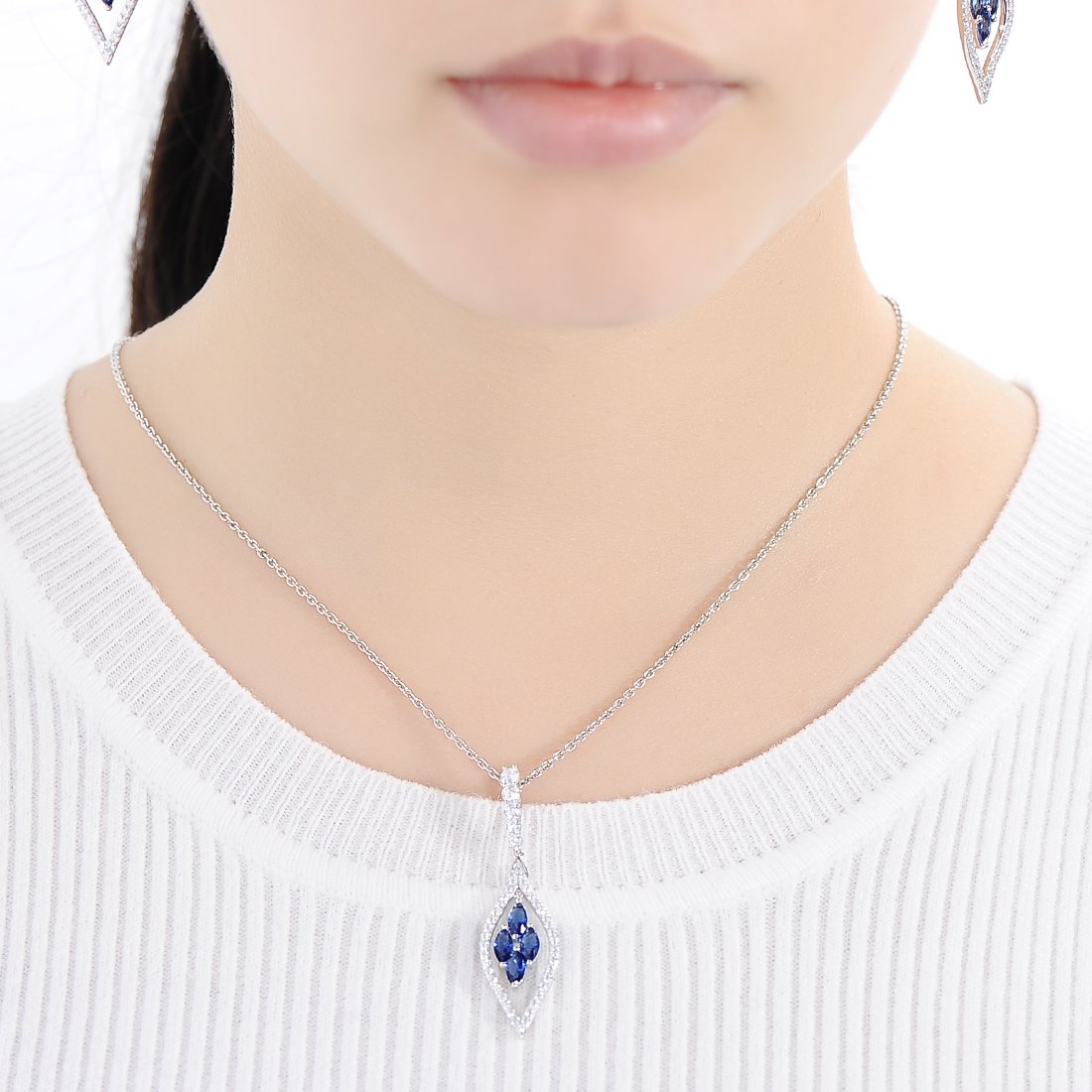 Sterling Silver Sapphire Color Stone Necklaces Pendants Women Blue Crystal CZ Stones