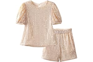 WELAKEN Girls 2 Piece Sequin Party Outfits – Puff Sleeve Shirt Blouses and Shorts Set with Pockets for Birthday
