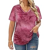 RITERA Plus Size Tops for Women Short Sleeve V Neck Solid Loose Ribbed T Shirts Causual Tunics Summer Tie Dye Blouse XL-5XL