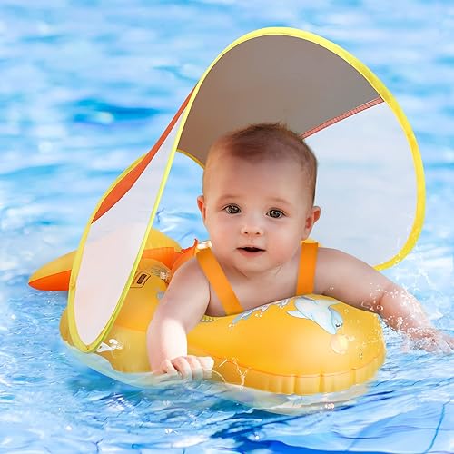 No Flip Over Baby Pool Float with Canopy UPF50+ Sun Protection