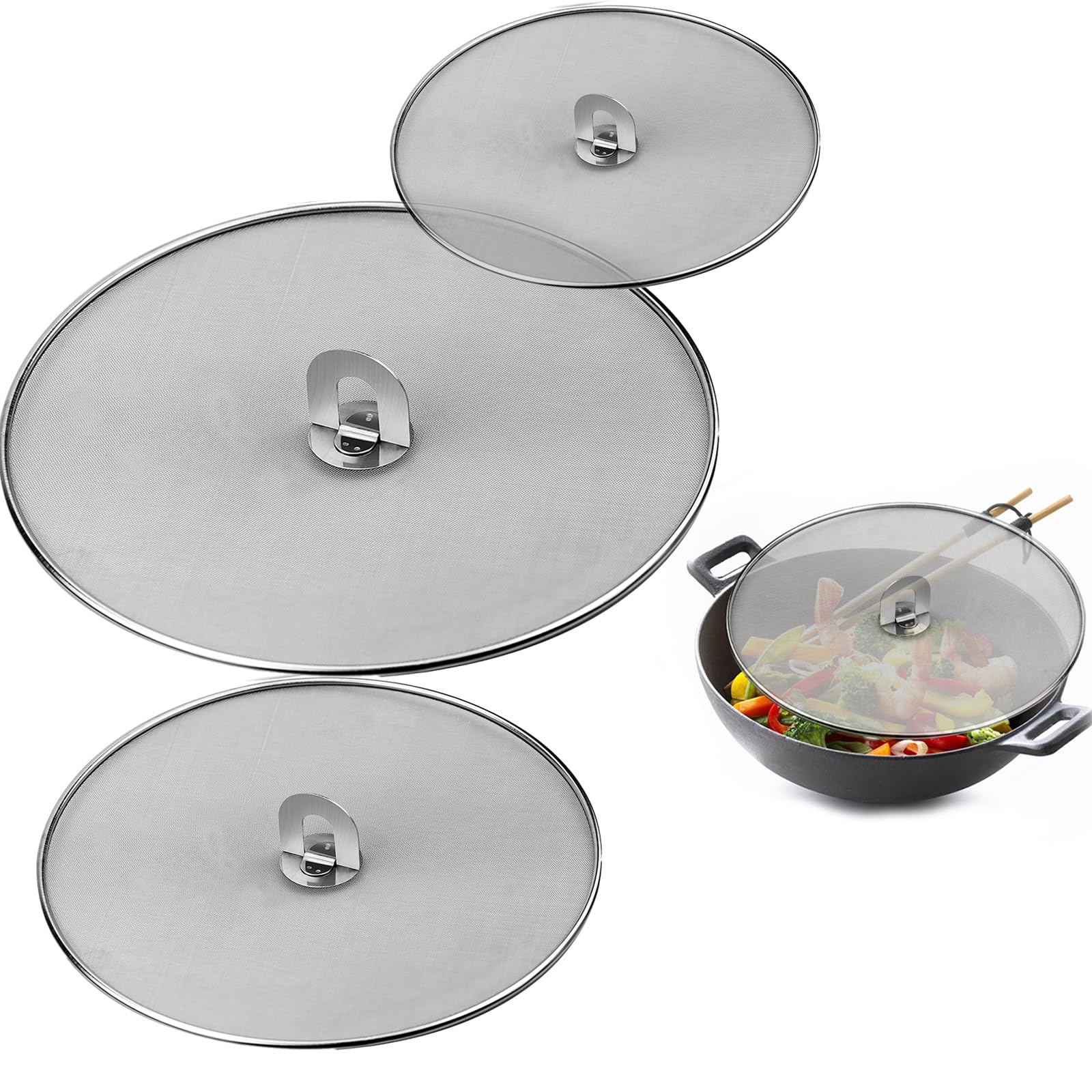 3 PCS Splatter Guard, Stainless Steels Splatter Scree for Frying Pan Cooking Mesh Splatter Scree Scald Oil Proof Strainer, Drain Board (9.8 inch, 11.4 inch, 13 inch)