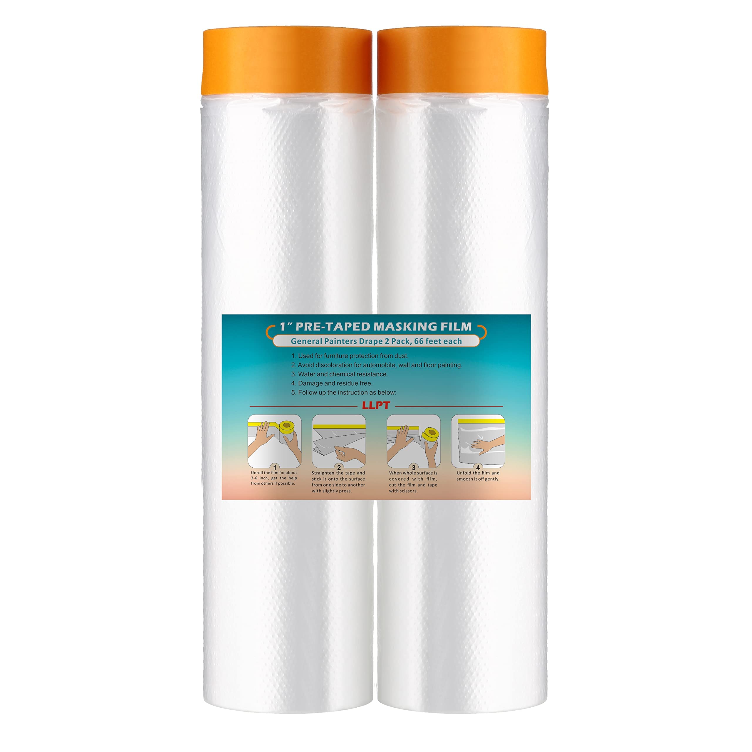 LLPT Tape and Drape Pre-Taped Masking Film | 2-Pack | 200cm(Unfolded) x 20m | Versatile Painter's Plastic Dust Sheets | for Auto Wall Furniture Painting and Spraying Protection (MFT2002)
