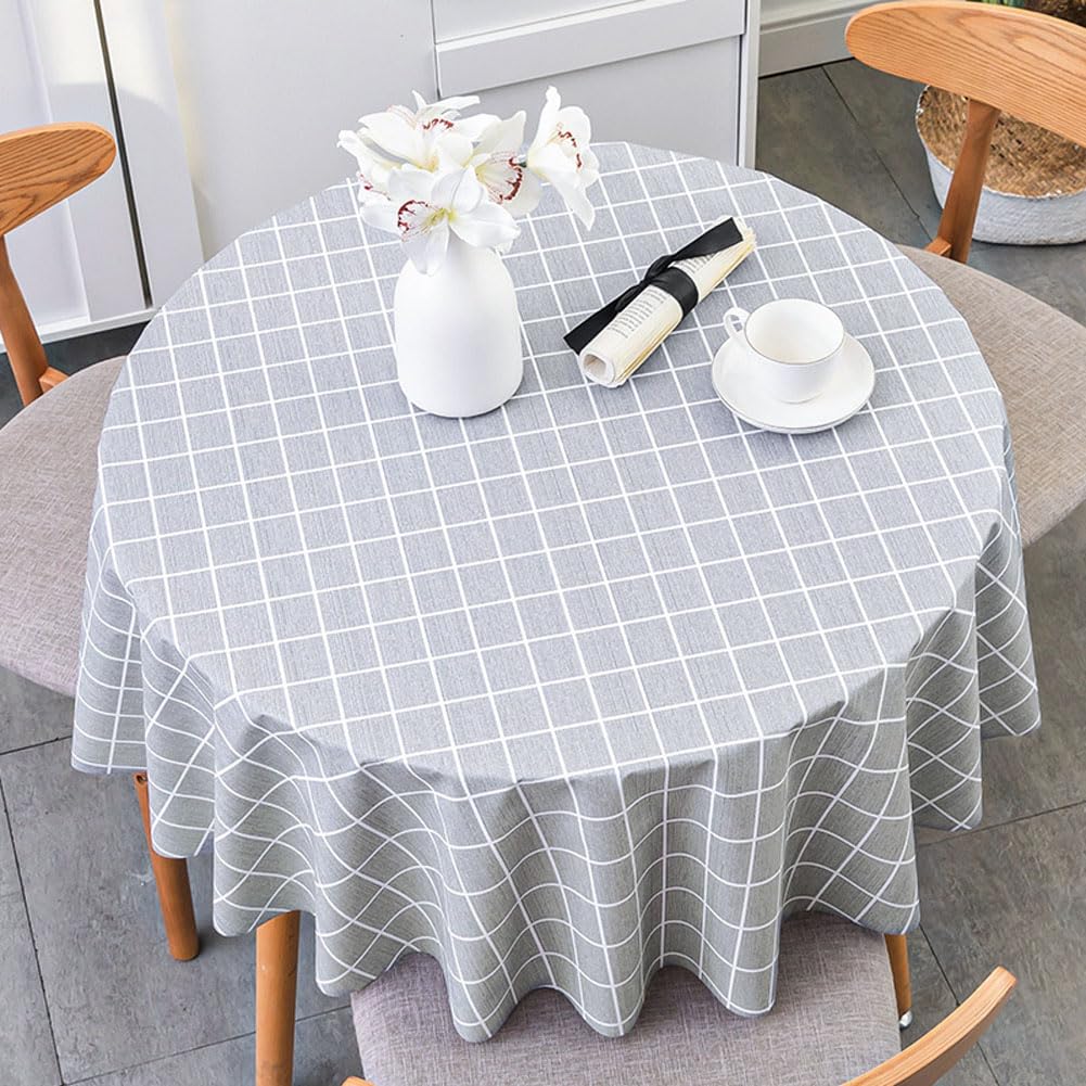 Table Cloth Wipe Clean Round Grey Checked Tablecloth Waterproof Oil-Proof Stain-Resistant Vinyl PVC Table Cover for Kitchen,Dining,Garden,Cafe,Buffet,Party Indoor or Outdoor Tabletop Decor (120cm)