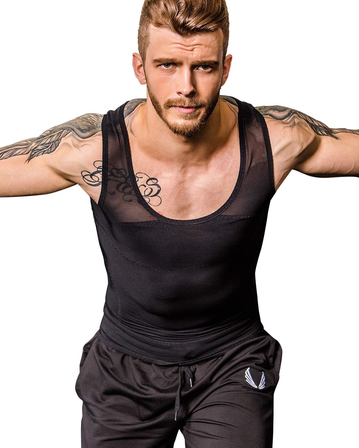 ShaxeaNOVECASA Men Compression Shirt Vest to Hide Gynecomastia Moobs Chest Slimming Body Shaper Flatten Whole Abdomen (XL, Black)