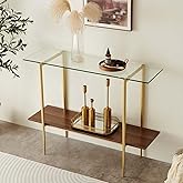 LumFurn Glass Console Table for Living Room, Foyer & Entrance, 2-Tiers Mid-Century Modern Sofa Table with Clear Glass Top, Wa