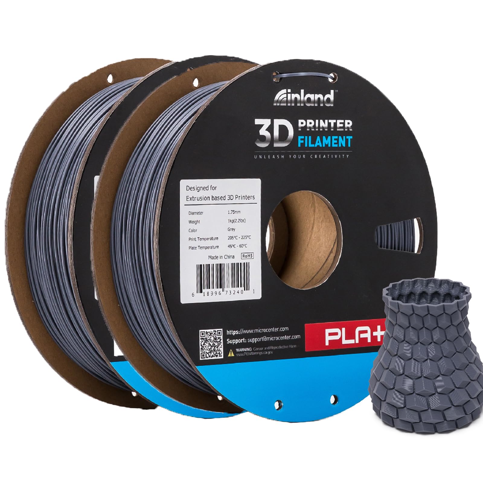 INLAND Micro Center PLA+ 3D Printing Filament 1.75mm - PLA Pro Dimensional Accuracy +/- 0.03 mm - 1kg Cardboard Spool (2.2 lbs) (2 Pack Gray, 1.75mm) Image