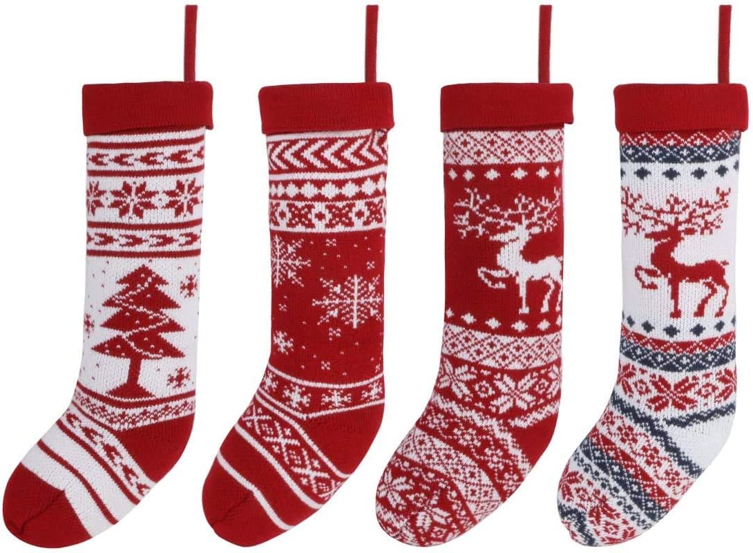Christmas Stockings 4 Pack with 4 Stocking Holders Hooks 18.5 Inch Knit Knitted Xmas Stocking Snowflakes Reindeer Decorations for Family Holiday
