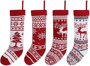 Christmas Stockings 4 Pack with 4 Stocking Holders Hooks 18.5 Inch Knit Knitted Xmas Stocking Snowflakes Reindeer Decorations for Family Holiday